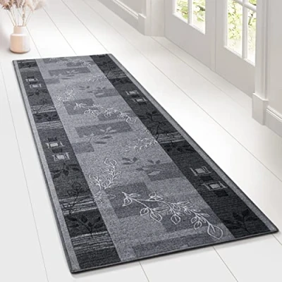 Abbildung von Floordirekt Teppichläufer mit Muster maßgefertigter Feinschlingen Teppich Läufer für Küche, Flur &amp; Wohnraum Ornament Vintage Orient Gitter (80 x 200 cm, Akzent Grau)