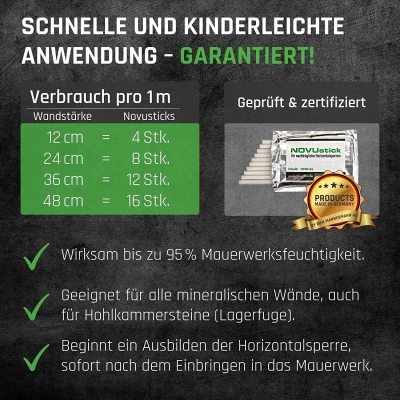 Abbildung von NOVUSTICKS 50 Stäbchen für trockene Wände I nachträgliche Horizontalsperre zum Trockenlegen von Keller &amp; Mauerwerk Sticks gegen aufsteigende Feuchtigkeit Feuchtigkeitssperre