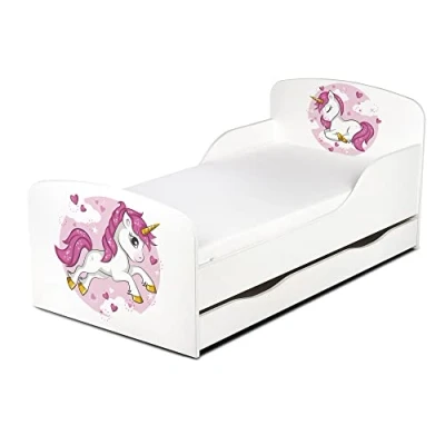 Abbildung von Leomark Einzelbett aus Holz Lovely Unicorn Kinderbett mit Schubladen, Stauraum, Holzbett Matratze Lattenrost, Liegefläche 70/140 cm, UV Druck