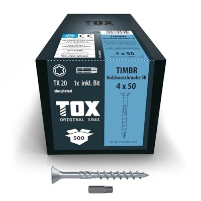 Abbildung von TOX Holzbauschrauben TIMBR SK 4,0 x 50 mm, blau verzinkt mit Senkkopf, TX20, Schrauben für leichtes Eindrehen und bündige Montagen im Holzbau, 500 Stück Karton, inkl. 1x Bit, 112040414050