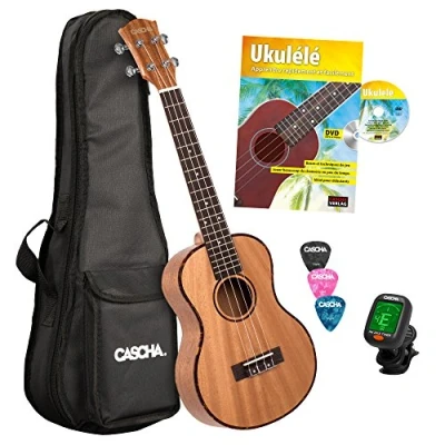 Abbildung von Cascha Tenor Ukulele Set I Starter Kit mit 3 Plektren Tasche Stimmgerät &amp; französischem Lehrbuch Mahagoni Kleine Hawaii Gitarre für Anfänger Fortgeschrittene