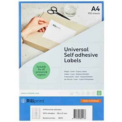 Abbildung von Rillprint Vielzweck Etiketten Selbstklebend 1600 Stück 105 x 37 mm 16 Klebeetiketten pro A4 Blatt Bedruckbar &amp; Abziehbar Universal Adressaufkleber 100 Blatt, Weiß