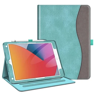 Abbildung von Fintie Hülle für iPad 9. Generation 2021/8. Gen 2020/7. 2019 10.2 Zoll, [Eckenschutz] Multi Winkel Betrachtung Folio Stand Schutzhülle mit Dokumentschlitze, Auto Sleep/Wake, Jeansoptik Türkis