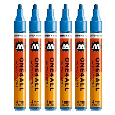 Abbildung von Molotow One4All 227HS Acryl Marker (4,0 mm Strichstärke, hochdeckend und permanent, UV beständig, für fast alle Untergründe) 6 Stück Farbe 224 metallic blau