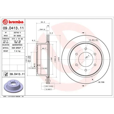 Abbildung von BREMBO Bremsscheibe MITSUBISHI: PAJERO SPORT 2 18mm 6 innenbelüftet beschichtet 09.D413.11 380211320,4615A097,4615A242 Bremsscheiben, Scheibenbremsen