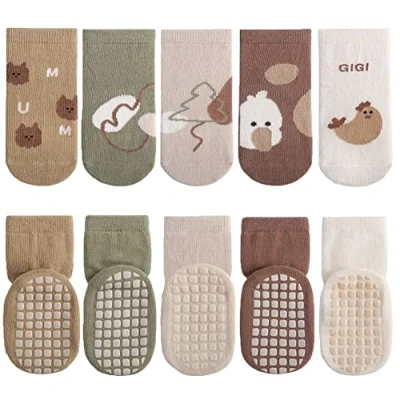 Abbildung von FedMois 5er Pack Baby Kleinkinder ABS rutschfeste Socken Sneaker Tiermotive Baumwolle, Hähnchen, 5 7 Jahre