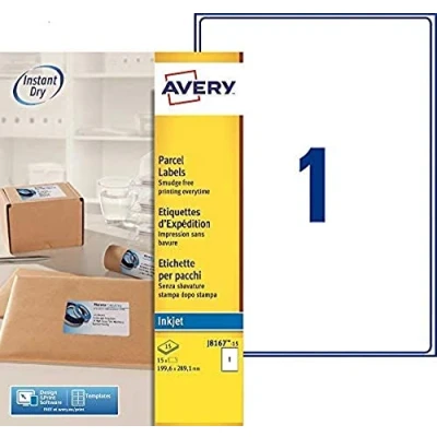Abbildung von Avery 15 Etiketten für Tintenstrahldrucker, 199,6 x 289,1 mm, weiß (J8167 15)