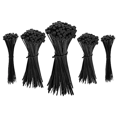 Abbildung von Amazon Basics Kabelbinder, verstellbar, zum Organisieren von Kabeln, 100/120/150/200/300 mm, insgesamt 500 Stück, schwarz