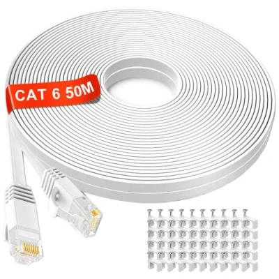 Abbildung von LAN Kabel 50 meter weiß, Flach Netzwerkkabel 50m, Hochgeschwindigkeits Ethernet Meter, Cat6 extra lang Weiss RJ45 Internet Patchkabel für Router, Switch, Modem, schneller als cat5e