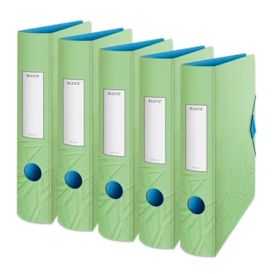 Abbildung von Leitz Qualitäts Ordner 180 Active, 5er Pack, A4, Schmal, Abgerundeter Rücken, 6,5 cm breit, Gummibandverschluss, Leichtes Polyfoam, Plastik Ordner, Urban Chic Serie, Hellgrün, 11170050