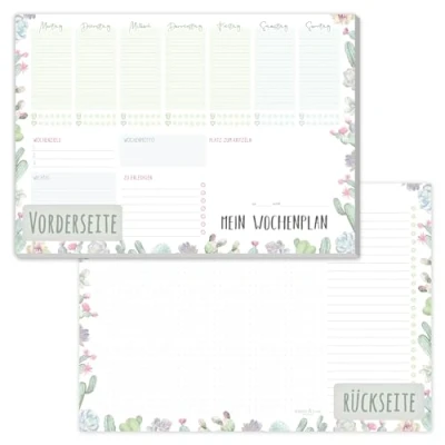 Abbildung von paper&amp;you® Wochenplaner Block A4 ohne festes Datum &quot;Kakteen&quot; 50 Blatt Terminplaner mit To Do Liste, Einkaufsliste, großem Notizfeld &amp; mehr nachhaltig klimafreundlich