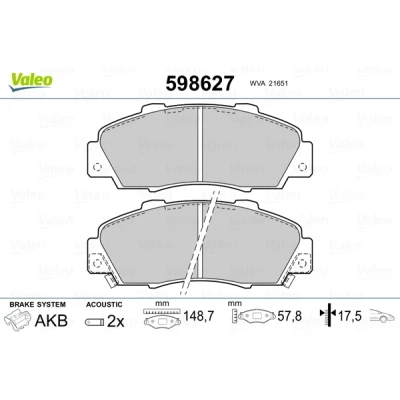 Abbildung von VALEO 598627 Bremsbelagsatz Vorderachse inkl. Verschleißwarnkontakt ohne Anti Quietsch Blech HONDA: Shuttle, CIVIC 6 Hatchback, Accord Limousine