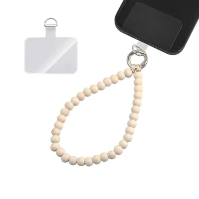 Abbildung von GD GOOD.designs Handykette mit Holzperlen kurz Universal Handy Handschlaufe inkl. Patch für jede Hülle Lanyard Handyband zum Umhängen (Länge 24cm)