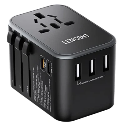Abbildung von LENCENT Universal Reiseadapter, Internationales Ladegerät mit 3 USB &amp; 2 Typ C PD Schnellladung Anschlüssen, Weltweites Reisestecker Adapter für A/C/G/I (USA/UK/EU/AUS) Steckdosen