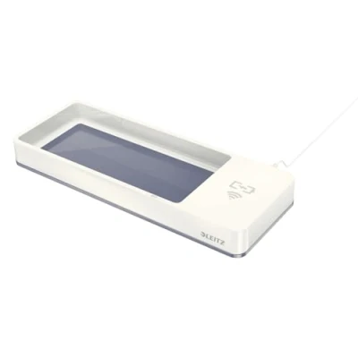 Abbildung von Leitz Stifteschale mit Qi Induktionsladegerät, Zum kabellosen Laden von Smartphone, Weiß/Grau, Duo Colour, WOW, 53651001