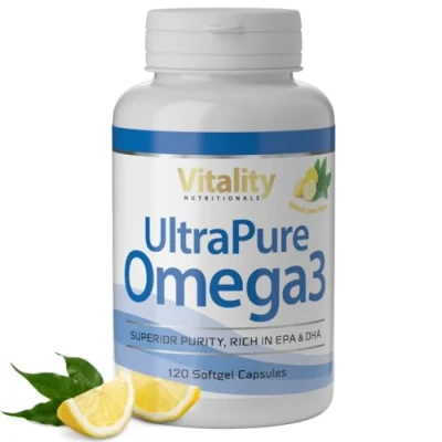 Abbildung von UltraPure Omega 3 Kapseln für eine normale Funktion von Herz und Gehirn sowie gute Sehkraft. Hochdosiertes in natürlicher Triglycerid Form