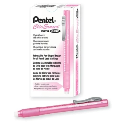 Abbildung von Pentel ZE22P Clic Radiergummi Griff, einziehbarer Radiergummi, pinker Schaft, 12 Stück