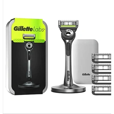 Abbildung von Gillette LABS Rasierer für Herren, mit 5 Ersatzklingen, magnetischer Basis und integrierter Stange, beseitigt Hautunreinheiten, einfache Rasur, optimaler Komfort, bequemer Griff, Reisetasche, grau