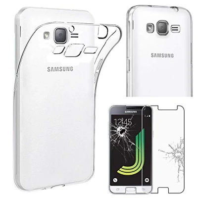 Abbildung von ebestStar Hülle für Samsung Galaxy J3 2016 SM J320F, Silikon Handyhülle Cover, Klar TPU Schutzhülle, Slim Handy Case, Transparent + Panzer Schutz Glas