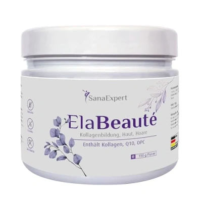 Abbildung von SanaExpert® ElaBeauté, Nahrungsergänzung mit Kollagen, Q10, OPC, Zink &amp; Vitaminen, Kollagenbildung, Haut und Haare, Kollagenpulver, 150g