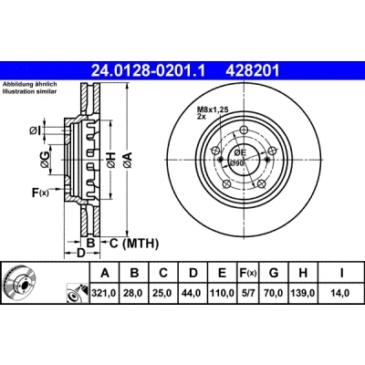 Abbildung von ATE 24.0128 0201.1 Bremsscheibe 321,0 28,0 5 110,0 Belüftet beschichtet legiert/hochgekohlt OPEL: Astra H GTC, Schrägheck, Zafira B