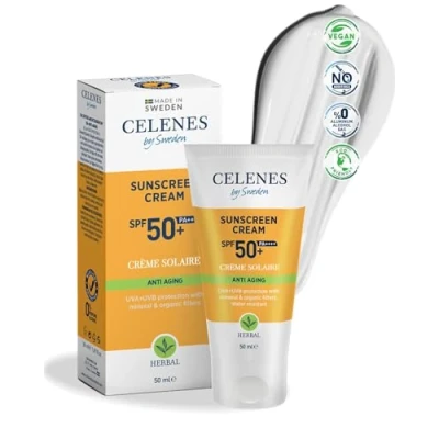 Abbildung von Celenes by Sweden Kräuter Sonnenschutzcreme SPF50+ Anti Aging Avocadoöl &amp; Vitamin E, Wasserfest, Mineralische Organische Sonnenfilter, Keine Weißen Rückstände, Frei von Parabenen Parfum 50ml