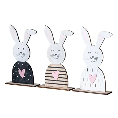 Abbildung von levandeo 3er Set Deko Hase H22cm Holz Weiß Natur Osterhase Tischdeko Osterdeko Figur Frühling Ostern Aufsteller