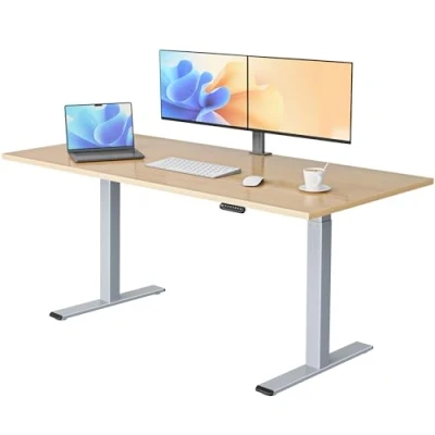 Abbildung von E.For.U® höhenverstellbarer Schreibtisch 180x80 cm, 2 Motoren, elektrisch höhenverstellbares Tischgestell mit Fach Teleskop, Memory Steuerung (Silber), DT20L Tischplatte (Buche)