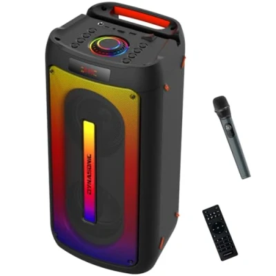 Abbildung von DYNASONIC D30 Tragbarer Bluetooth Lautsprecher. Kabelloser Outdoor Drahtlose Stereoanlage. Leistungsstarker Sound Player mit eingebauter LED Beleuchtung. Micro SD, FM Radio, USB