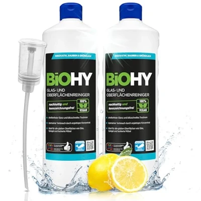 Abbildung von BiOHY Glas und Oberflächenreiniger (2 x 1 liter) + Dosierer Glasreiniger Konzentrat für streifenfreien Glanz ergiebiger &amp; Kunststoffreiniger Fettlöser Kalkreiniger