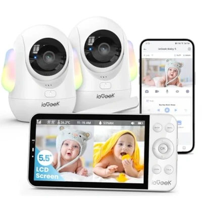 Abbildung von ieGeek Babyphone mit 2 Kameras APP [2,5K/4MP, 5,5 Zoll] WLAN Video babyfone, PTZ 360/100, AI Erkennung, Smartes Nachtlicht, Automatische Verfolgung, Weinen/Bewegungs/Geräuscherkennung