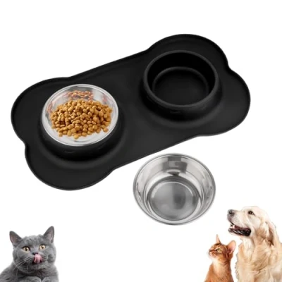 Abbildung von Futternapf Hunde Katzen, Fressnapf Hundenapf Kleine Napfset, Edelstahl Katzenapf Wassernapf Hund mit Nicht Kleckern, 1 Unterlage rutschfest Silikon Tablett Matte(36 x 21 cm)