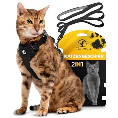 Abbildung von Tierhood Katzengeschirr mit Leine [Neue, LEICHTE Version] Katzenleine Geschirr für Katzen und Kitten Set Kontrollierte Freiheit Schwarz, Größe M