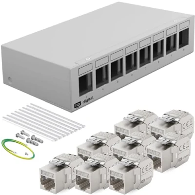 Abbildung von HB DIGITAL 8 Port Patchpanel Patchfeld Verteilerfeld 1 HE 8x CAT 7 RJ45 Keystone Jack Modul vollgeschirmt STP 10 Gbps Kompatibel mit Verlegekabel Netzwerkkabel Ethernet LAN Hellgrau
