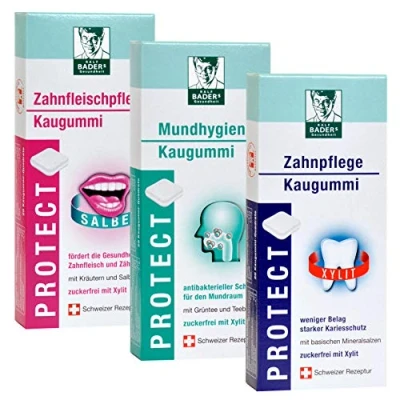 Abbildung von BADERs PROTECT Funktions Kaugummi aus der Apotheke. Drei Sorten. Mundhygiene, Zahnpflege und Zahnfleischpflege. 3 x 20 Quadrate im Blister.
