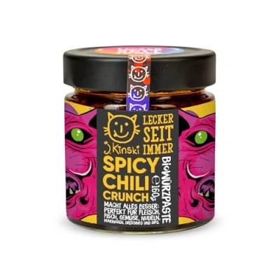 Abbildung von J.Kinski® BIO Chili Crunch (160g) Spicy Öl mit Szechuan Pfeffer &amp; Erdnüssen zum Marinieren von Fleisch, als Pesto, oder Würzen Suppen