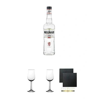 Abbildung von Molinari Sambuca 1,0 Liter + 2 Bugatti Nosing Gläser mit Eichstrich 2cl und 4cl Schiefer Glasuntersetzer eckig ca. 9,5 cm Ø