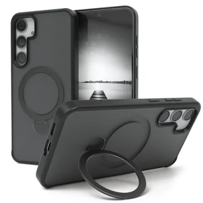 Abbildung von EAZY CASE Qi Charging Handyhülle für Galaxy S25 Plus kompatibel mit Hülle Ständer 360 Ring &amp; Magnetfunktion zum Aufstellen Cover Schwarz