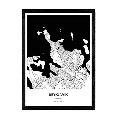 Abbildung von Nacnic Plakat mit Karte von Reykjavik Island. Sheets Städte Nordeuropas Meeren und Flüssen in schwarzer Farbe. A4 Format