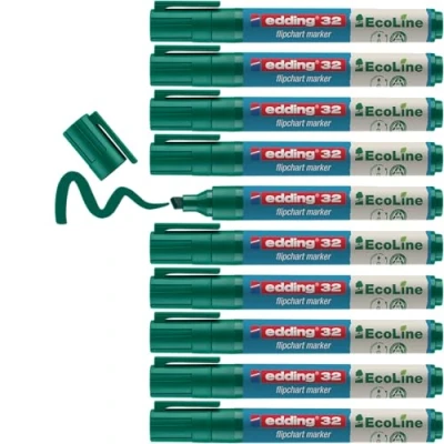 Abbildung von edding 32 EcoLine Flipchartmarker grün 10 Stifte Keilspitze 1 5 mm zum Schreiben, Zeichnen auf Flipcharts Tinte schlägt nicht durch Papier trocknet aus nachfüllbar