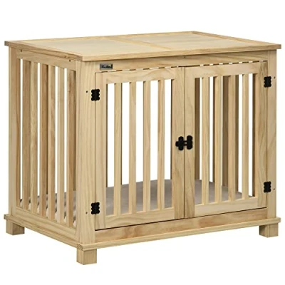 Abbildung von PawHut Hundehütte Hundekäfig, Tierkäfig aus Holz, Hundebox, Indoor, Naturholz+Cremeweiß, BxTxH: 82.5x57x72 cm