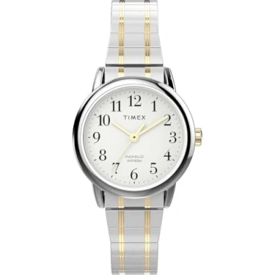 Abbildung von Timex Easy Reader Damen Armbanduhr, 25 mm, zweifarbiges Edelstahl Stretcharmband, weißes Zifferblatt, silberfarbenes Gehäuse TW2W52500