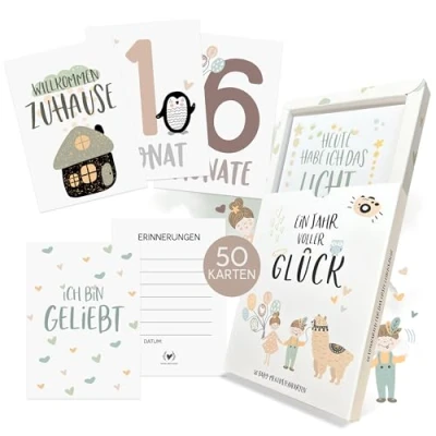 Abbildung von HIMMEL.HERZ.PAPIER® Meilensteinkarten Baby Geschenk zur Geburt &amp; Babyparty und Schwangerschaft 50 Karten inkl. Geschenkbox für Jungen Mädchen Bunte Tiermotive
