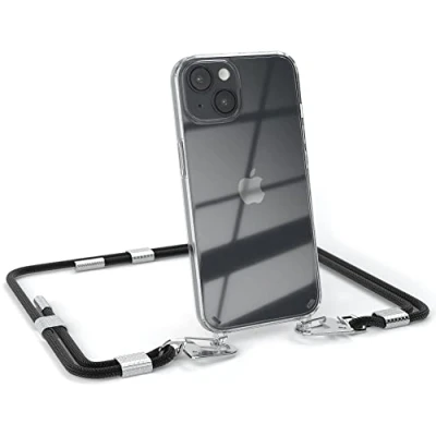 Abbildung von EAZY CASE kombinierbare Handyketten kompatibel mit iPhone 14, Transparente Silikon Hülle stylischen Umhängeband, abnehmbar durch Karabiner, Band, Umhängetasche, Schwarz Clips Silber