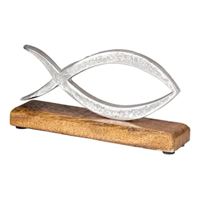 Abbildung von levandeo Aufsteller Fisch L13cm Metall Mango Holz Silber Natur Maritime Deko Christentum Meer Küstendeko Tischdeko