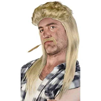 Abbildung von SET mit Vokuhila Perücke + Bart Prollperücke Vokuhilaperücke Proll Pimp Blond Brünette Grau Schwarz (Hellblond Bart)