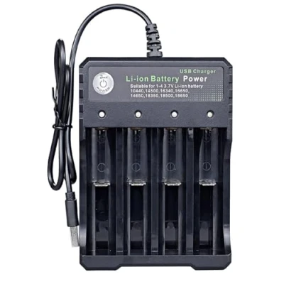 Abbildung von 18650 Akku Ladegerät, 4 Steckplätze, universelles wiederaufladbares Li Ionen Ladegerät für 3,7 V wiederaufladbare Batterien, 18650, 18350, 17670, 17500, 16340(RCR123), 14500, Ni MH CD AA AAA