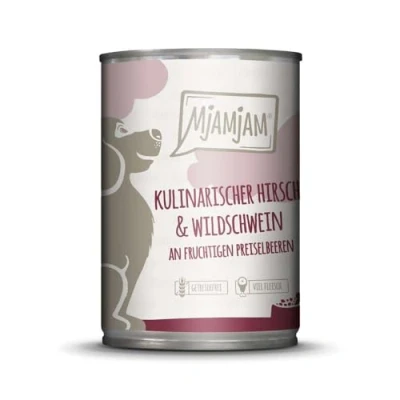 Abbildung von MjAMjAM Premium Nassfutter für Hunde kulinarischer Hirsch &amp; Wildschwein an Preiselbeeren, 6er Pack (6 x 400 g), getreidefrei mit extra viel Fleisch