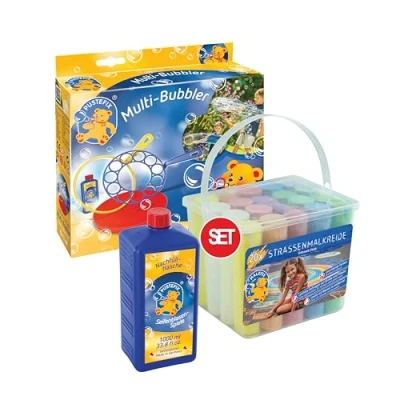 Abbildung von MALEFIX Straßenkreide 20er Packung + PUSTEFIX Multi Bubbler mit Seifenblasen Nachfüllflasche 1 L I Spiel &amp; Spaß für Kinder Set