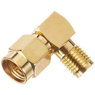 Abbildung von conecto SMA Adapter, 90 Winkel Stecker mit Pin auf Buchse ohne Pin, Adapter zum verbinden von Anschlüssen, vergoldet